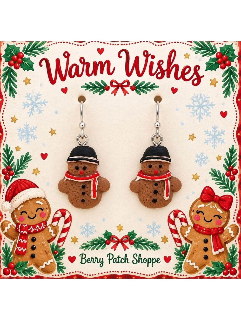Merry Christmas Gingerbread Snowmen Cookie Holiday Earrings